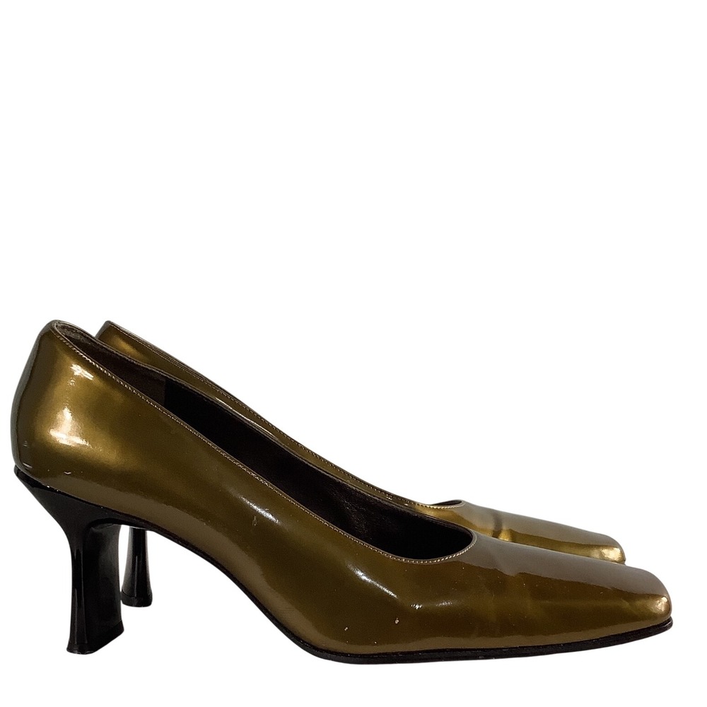 Stuart Weitzman Olive Bronze Patent Leather Square Toe Block Heel Pumps Size 10B
